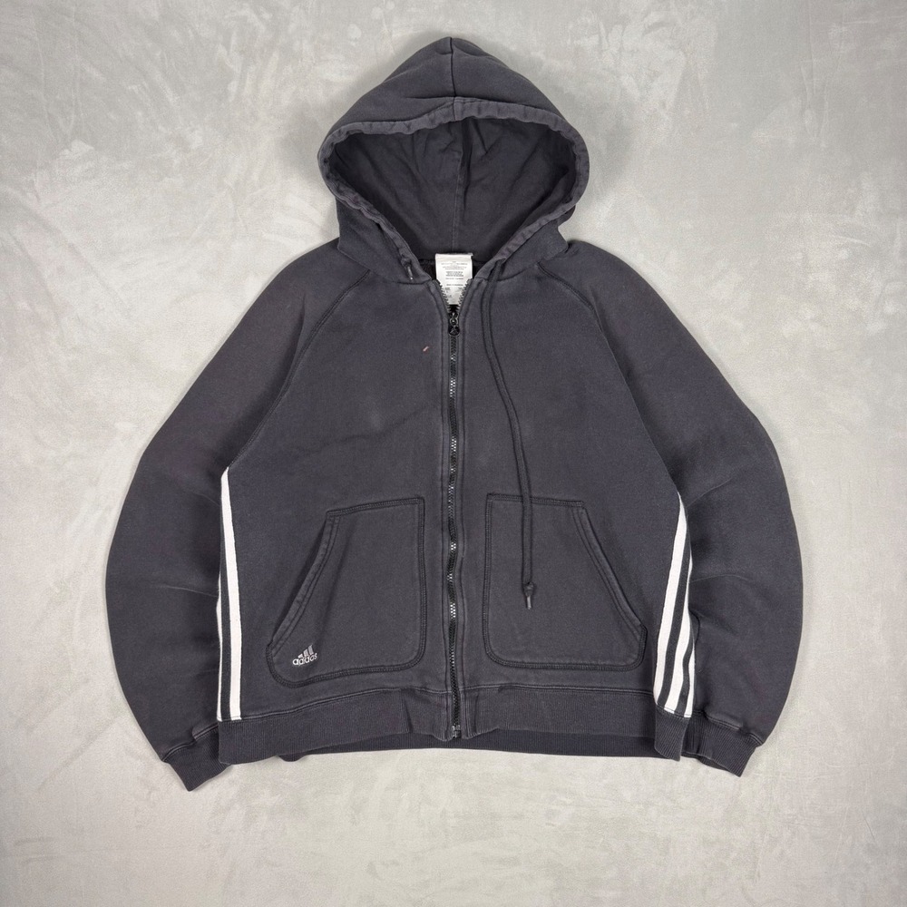 Y2K Womens Adidas Three Stripe Faded Black Zip Up Hoodie Streetwear Large
